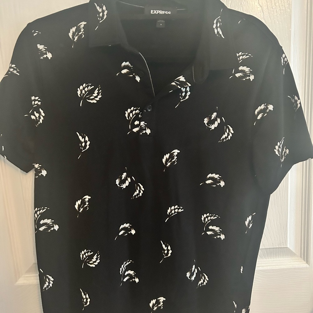 Express Black Short-Sleeve Polo with White Floral Print M9